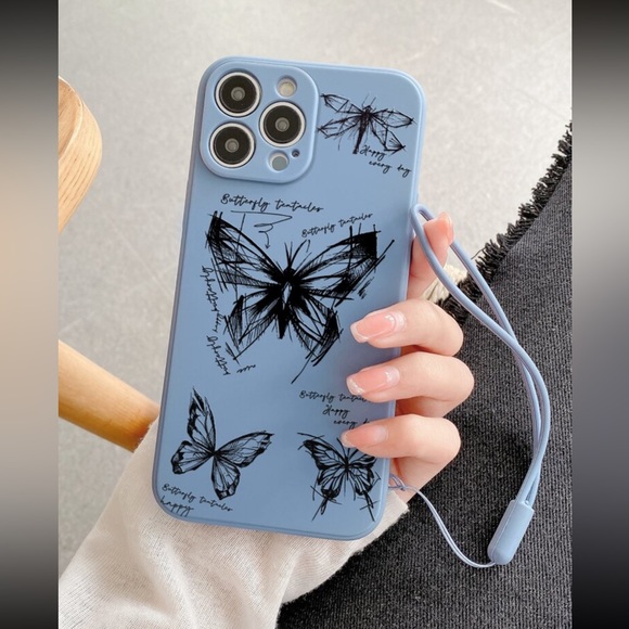 Butterfly pattern iPhone 13 case with lanyard - Picture 2 of 6